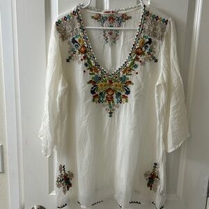 Johnny Was Cream Tunic with Colorful Embroidery